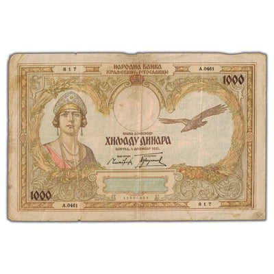 SOLD Yugoslavia 1931 1000 Dinara Note P #29