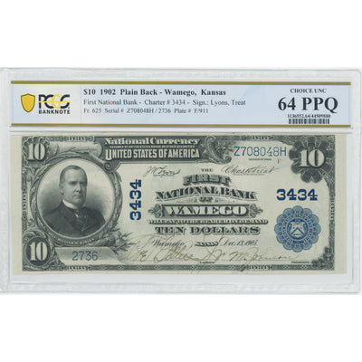 SOLD United States Wamego 1902 PB $10 National Note #3434 FR #625 - PCGS UNC-64 PPQ