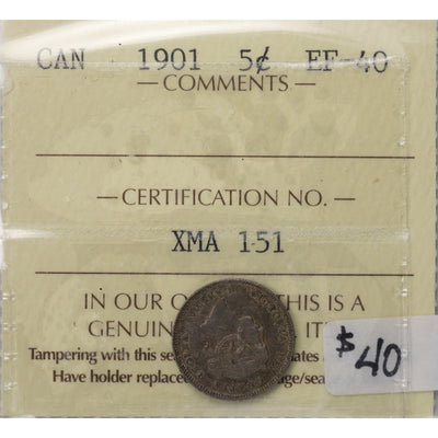 SOLD Canada 1901 5 Cents Silver Coin - ICCS EF-40