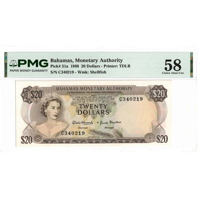 SOLD Bahamas 1968 $20 Twenty Dollars Note P #31a - AU-58