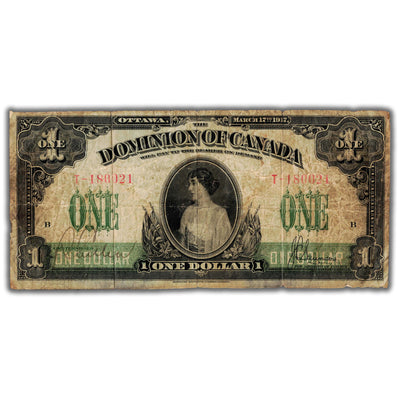 SOLD $1 1917 Dominion of Canada Note No Seal Saunders Series T DC-23b