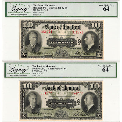 $10 1938 Bank of Montreal Chartered Notes #505-62-04 - 2 Consec Legacy UNC-64