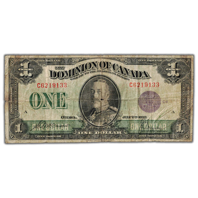 SOLD $1 1923 Dominion of Canada Note Purple Seal 6.493-6.525M DC-25k - Hole