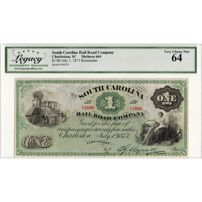 SOLD United States 1873 $1 South Carolina Rail Road Company Remainder Note - Legacy Ch UNC-64