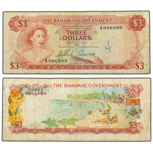 SOLD Bahamas 1965 $3 Three Dollars Note P #19a - Writing