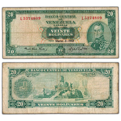 Venezuela 1968 20 Bolivares Note P #46b - Circulated