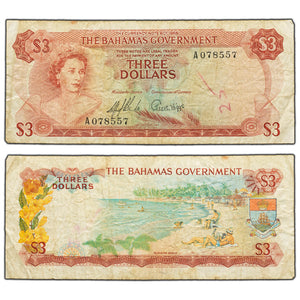 SOLD Bahamas 1965 $3 Three Dollars Note P #19a - Writing