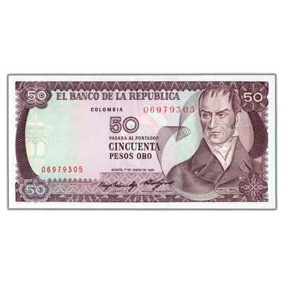 SOLD Colombia 1985 50 Fifty Pesos Note P #425a - AU