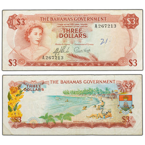 SOLD Bahamas 1965 $3 Three Dollars Note P #19a - VF (writing)