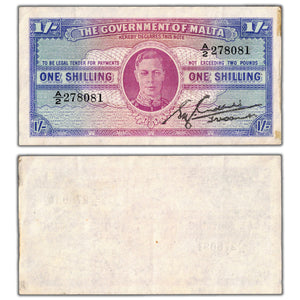 SOLD Malta ND (1943) 1 One Shillings Note P #16 - EF+ (tape)