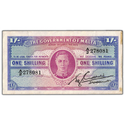 Malta ND (1943) 1 One Shillings Note P #16 - EF+ (tape)