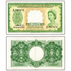 Malaya & British Borneo 1953 $5 Five Dollars Note P #2a - VF/EF