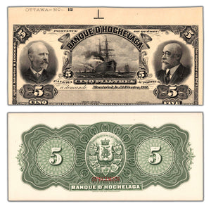 SOLD $5 1911 Banque D'Hochelaga Front & Back Proof Notes CH #360-20-02Pa