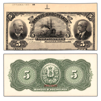 SOLD $5 1911 Banque D'Hochelaga Front & Back Proof Notes CH #360-20-02Pa