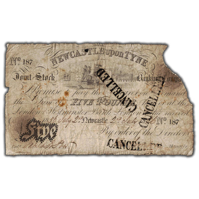 Great Britain 1836 Newcastle upon Tyne 5 Pounds Cancelled Note - Missing Corner Piece