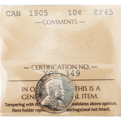 Canada 1905 10 Cents Dime Silver Coin - ICCS EF-45