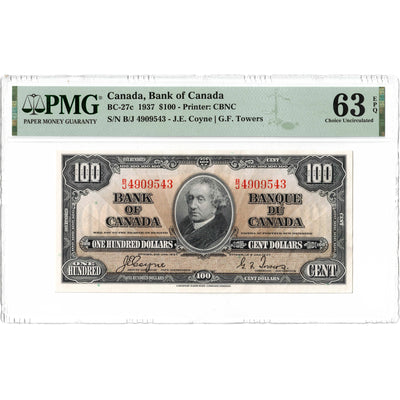 SOLD $100 1937 Bank of Canada Note Coyne-Towers B/J Prefix BC-27c - PMG UNC-63 EPQ