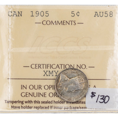 SOLD Canada 1905 5 Cents Silver Coin - ICCS AU-58