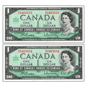 SOLD $1 1967 Bank of Canada Notes M/O Prefix BC-45b - 2 Consecutive Choice Uncirculated