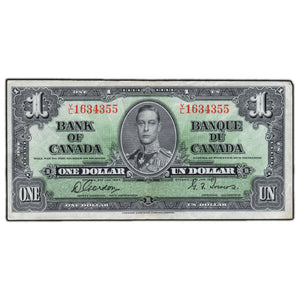 SOLD $1 1937 Bank of Canada Note Gordon-Towers Y/L Prefix BC-21c - VF+