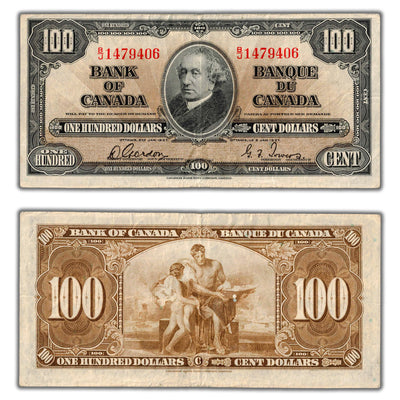 SOLD $100 1937 Bank of Canada Note Gordon-Towers B/J Prefix BC-27b - F/VF