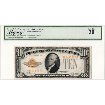 United States 1928 $10 Gold Certificate Note Fr. 2400 - Legacy VF-30