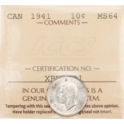 Canada 1941 10 Cents Dime Silver Coin - ICCS MS-64