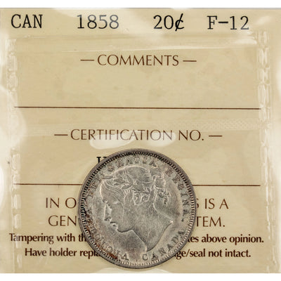 Canada 1858 20 Cents Silver Coin One Year Type! - ICCS F-12