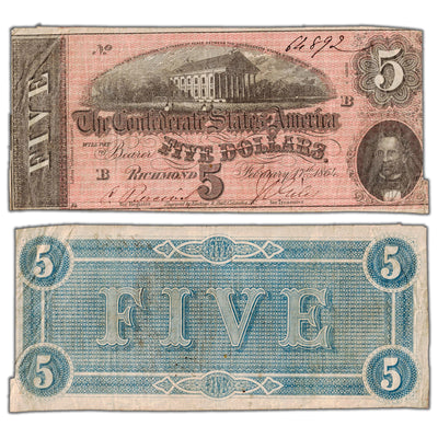 SOLD United States 1864 $5 Confederate States of America Note - Circulated