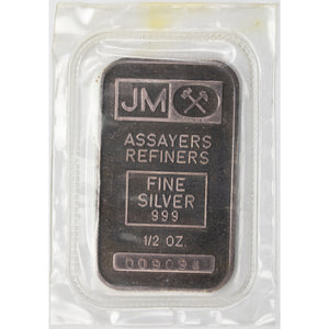 SOLD Johnson Matthey JM 1/2oz .999 Silver Bar - Sealed Blank Back Raised Border