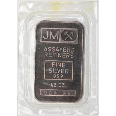 SOLD Johnson Matthey JM 1/2oz .999 Silver Bar - Sealed Blank Back Raised Border