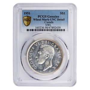 SOLD Canada 1951 SWL $1 Silver Dollar Coin - PCGS UNC Detail Wheel Mark