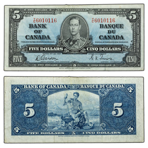 SOLD $5 1937 Bank of Canada Note Gordon-Towers T/C Prefix BC-23b - VF