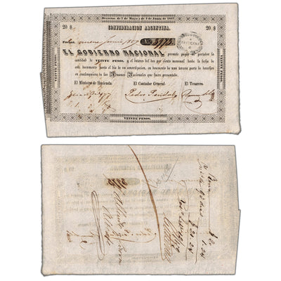 SOLD Argentina Confederacion 1857 (1859) 20 Pesos Note - EF+