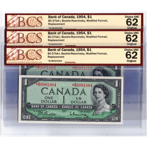 SOLD $1 1954 Bank of Canada Notes *B/M Replacement BC-37bA - 3 Consecutive BCS Ch UNC-62
