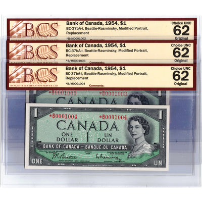 SOLD $1 1954 Bank of Canada Notes *B/M Replacement BC-37bA - 3 Consecutive BCS Ch UNC-62