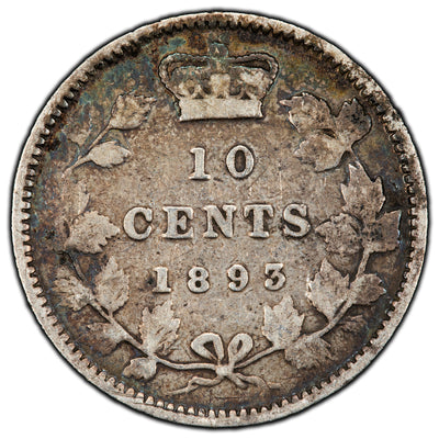 Canada 1893 Flat Top 3 10 Cents Dime Silver Coin - Fine