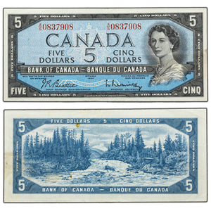 SOLD $5 1954 Bank of Canada Note Beattie-Rasminsky A/S Prefix BC-39b - Staining