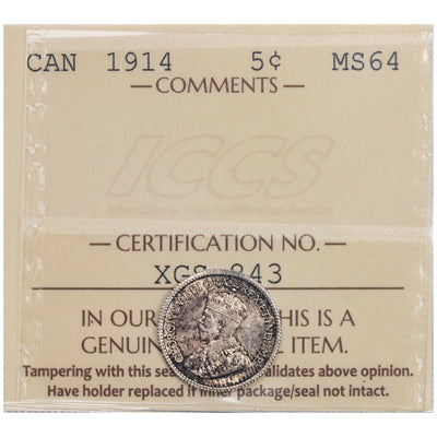 Canada 1914 5 Cents Silver Coin - ICCS MS-64
