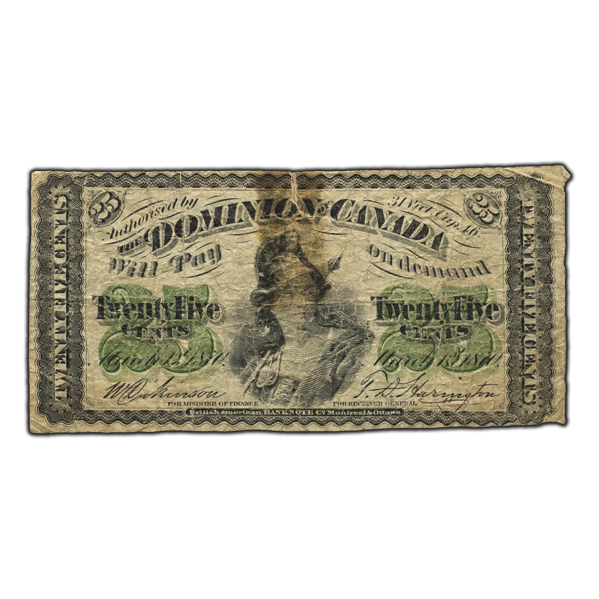 25 Cents 1870 Dominion of Canada Shinplaster Note Plain DC-1c - Tape R ...