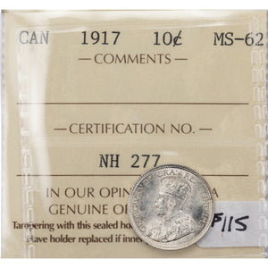 SOLD Canada 1917 10 Cents Dime Silver Coin - ICCS MS-62