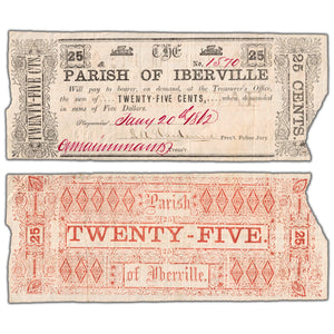 United States 1862 Parish of Iberville 25 Cents Note - Missing Corner