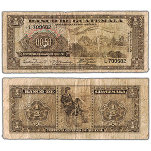Guatemala 1959 1/2 Quetzal 50 Centavos Note P #51b - Circulated (internal tear)
