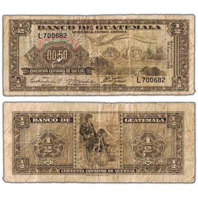 Guatemala 1959 1/2 Quetzal 50 Centavos Note P #51b - Circulated (internal tear)