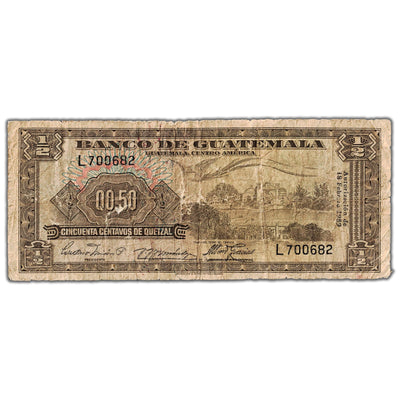 Guatemala 1959 1/2 Quetzal 50 Centavos Note P #51b - Circulated (internal tear)
