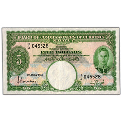 Malaya 1941 $5 Five Dollars Note P #12 - VF/EF