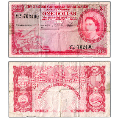 British Caribbean Territories 1958 $1 One Dollar Note P #7c - Large Tear