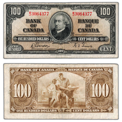 $100 1937 Bank of Canada Note Gordon-Towers B/J Prefix BC-27b - VF