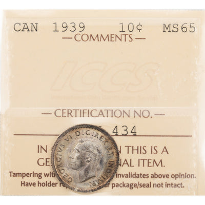 Canada 1939 10 Cents Dime Silver Coin - ICCS MS-65