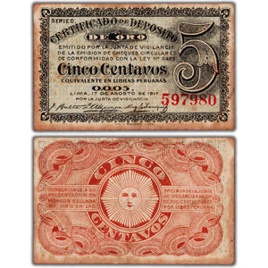 Peru 1917 5 Five Centavos Note Gold Deposit Certificate P#29 - Fine
